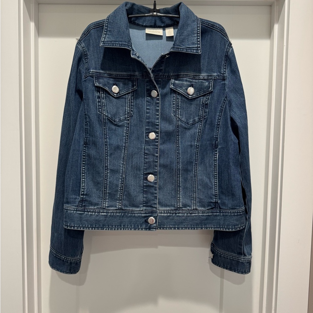 Chico's Size 2 Dark Blue Denim Jacket Pleated Back ~ LIKE NEW